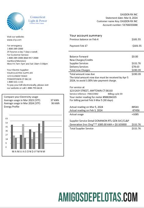Conta de serviços públicos de luz e energia de Connecticut dos EUA em formatos Word e PDF exemplo real